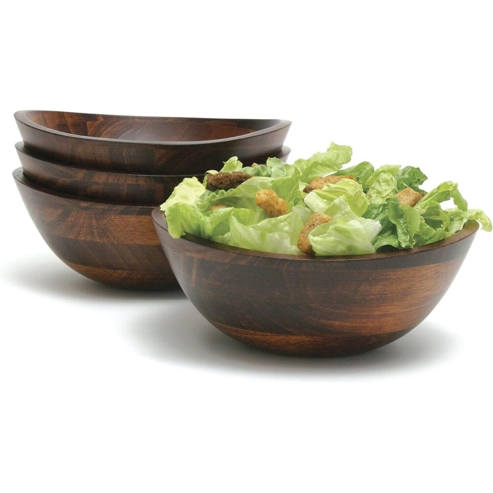 7 Piece  Salad Set Cherrywood Large Wavy Salad Bowl with Servers 4 Indiv Bowls - Picture 2 of 14